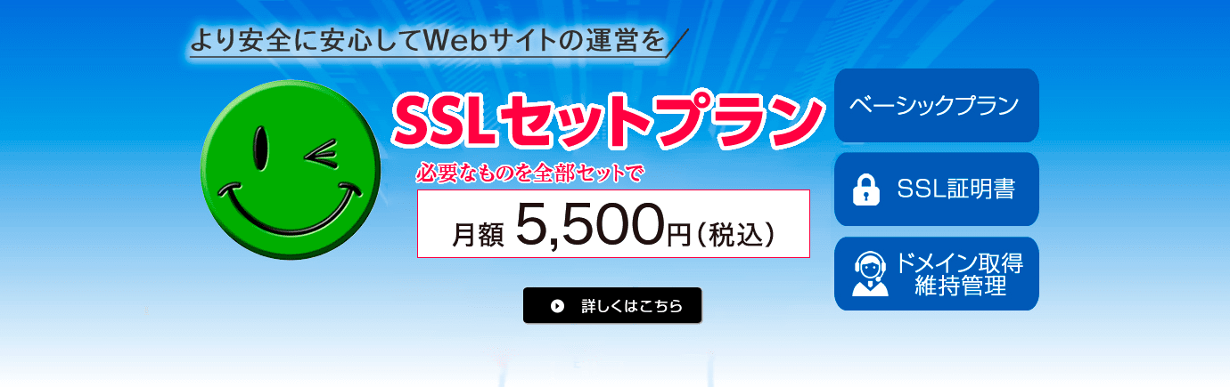 より安全に安心してWebサイトの運営をSSLセットプラン新登場 必要なものを全部セットで！ ベーシックプラン SSL証明書 ドメイン取得維持管理